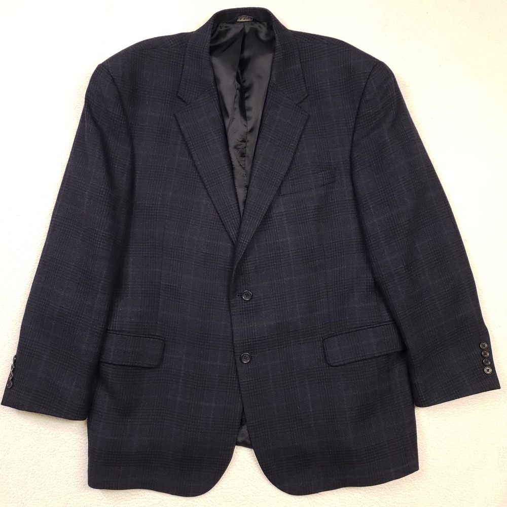 Jos. A. Bank Sport Coat Mens 48R Navy Blue Glen Plaid Wool Two Button Jacket
